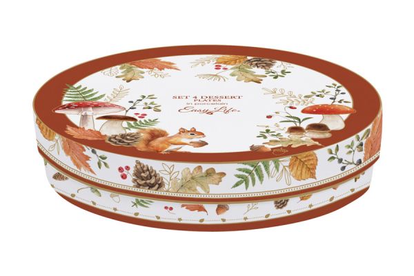 Тарелка десертная 19 см, фарфор, белая, Микс, Белка и грибы, Autumn Breeze 4 шт Easy Life