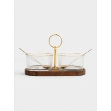 Вазочка для джема 20x10 см, 2 шт, с ложками, на подставке, стекло/дерево/нержавеющая сталь, золотистая, Sonnet ANNA LAFARG
