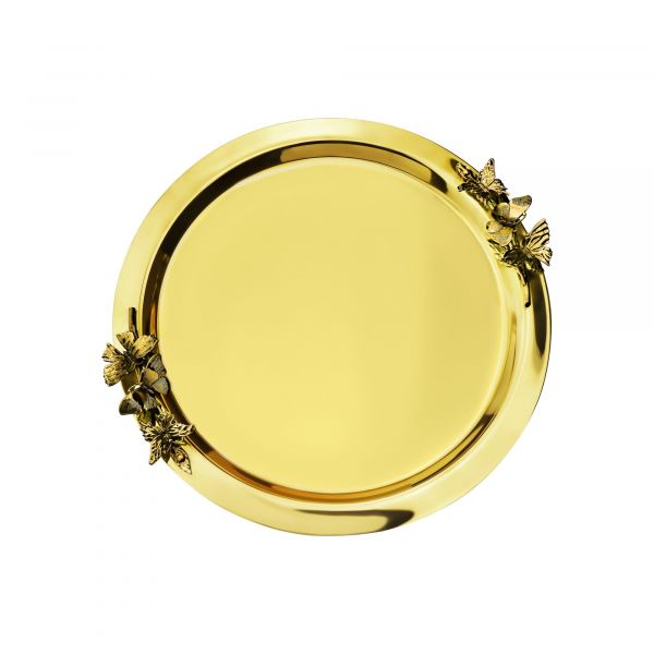 Поднос декоративный круглый с накладками 'Бабочки' латунный Кольчугинский мельхиор
