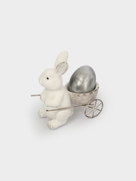 Подставка для яйца 12 см, полирезин, молочная, Кролик с тележкой, Easter
