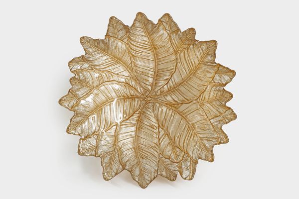 Ваза для фруктов 31х7 см, стекло, золотистая, Листья, Autumn forest ANNA LAFARG
