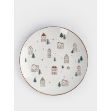 Тарелка закусочная 19 см, фарфор, бело-золотистая, Домики и ели, Townlet Anna Lafarg