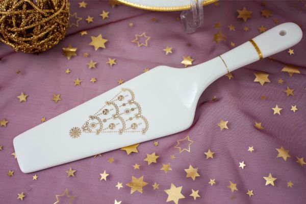 Блюдо для торта 27.5 см с лопаткой (желтое золото), костяной фарфор, АККУ