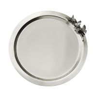 Поднос круглый с накладками 'Бабочки' медный посеребренный КМ