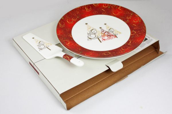 Блюдо для торта 27.5 см с лопаткой (красный), костяной фарфор, АККУ