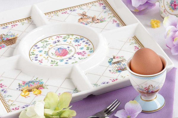 Менажница 25 см, 4 отдела, фарфор, белая, Кролики и цветы, Spring Bloom Easy Life