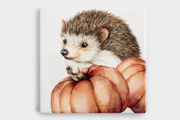 Подставка под кружку 11 см, квадратная, керамика/пробка, белая, Еж Autumn forest ANNA LAFARG