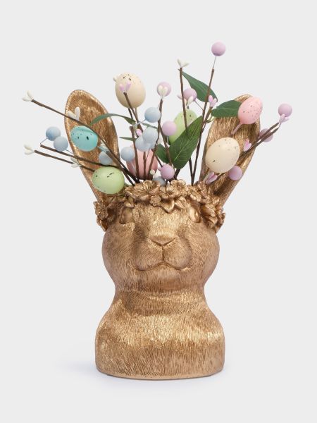 Ваза декоративная 31 см, полирезин, золотистая, Кролик в венке, Rabbit
