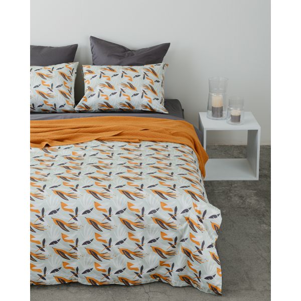 Комплект постельного белья полутораспальный из сатина темно-серого цвета в принтом birds of nile из