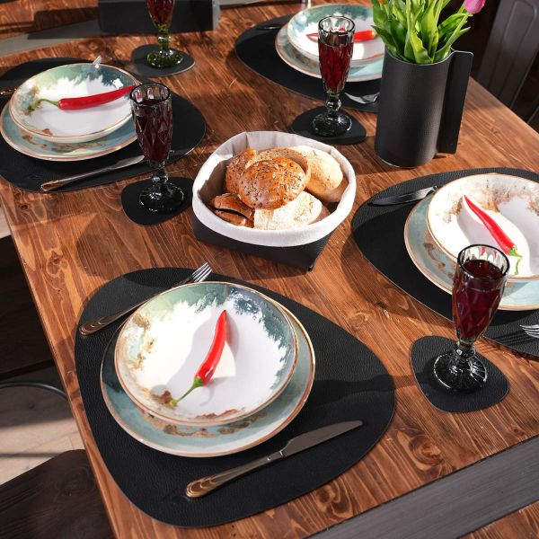 Подстановочная салфетка фигурная из натуральной кожи, черный 37x44 см + подстаканник VERO