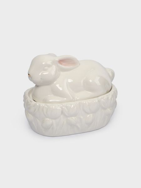 Емкость для хранения 18х15 см, 740 мл, керамика, молочно-золотистая, Кролик в цветах, White Rabbit
