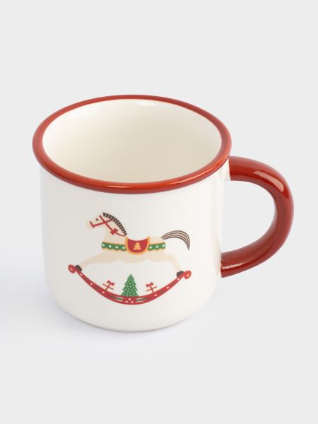 Кружка 470 мл, с ложкой, керамика/сталь, красная, Елка/Лошадка-качалка, Bright horse Anna Lafarg
