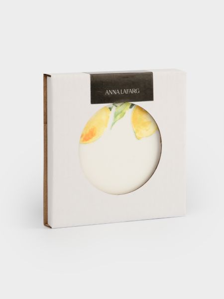 Подставка под кружку 11 см, круглая, керамика/пробка, белая, Лимоны на ветке, Palermo
