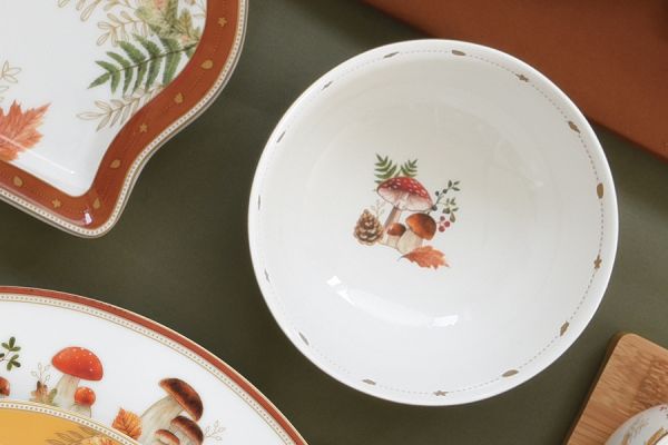 Пиала 12 см, 300 мл, фарфор, белая, Грибы и листья, Autumn Breeze Easy Life