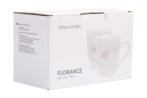 Кружка 350 мл, 2 шт, фарфор, белая, Цветы и листья, Florance ANNA LAFARG