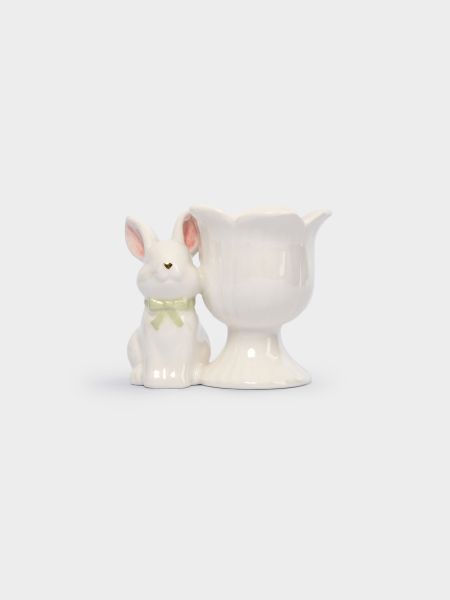 Подставка для яйца 7 см, керамика, молочно-золотистая, Кролик с цветком, White Rabbit
