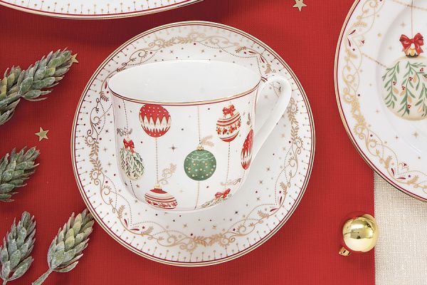 Пара чайная 370 мл Новогодние шары, Christmas Eve, на 1 персону, 2 предмета, фарфор, белая Easy Life