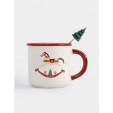 Кружка 470 мл, с ложкой, керамика/сталь, красная, Елка/Лошадка-качалка, Bright horse Anna Lafarg