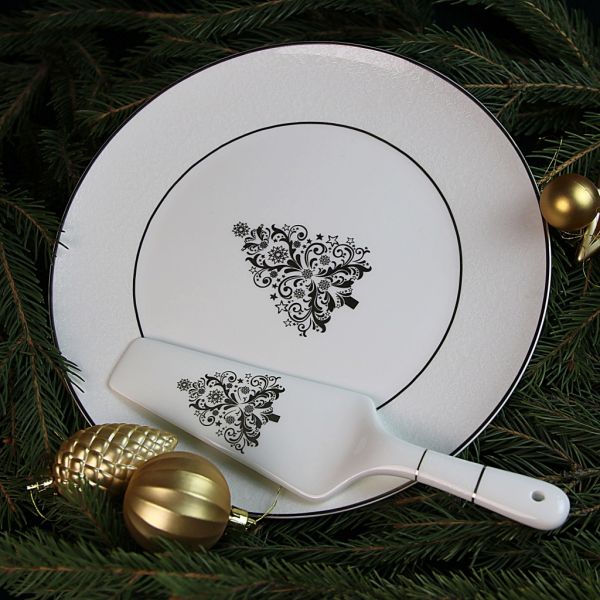 Блюдо для торта 27.5 см с лопаткой (белое золото), костяной фарфор, АККУ