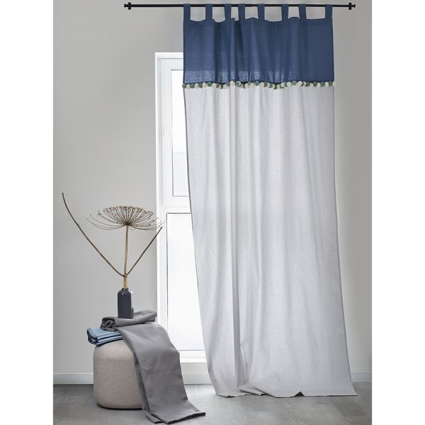 Штора из хлопка с помпонами серо-синего цвета из коллекции essential, 150х290 см Tkano