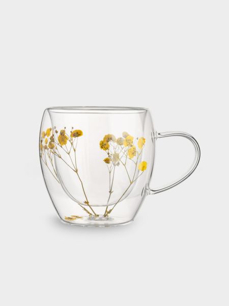 Кружка 240 мл, стекло, с сухоцветами внутри, Желтые цветы, Wind-mystery
