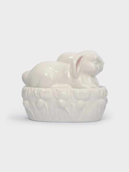 Емкость для хранения 18х15 см, 740 мл, керамика, молочно-золотистая, Кролик в цветах, White Rabbit
