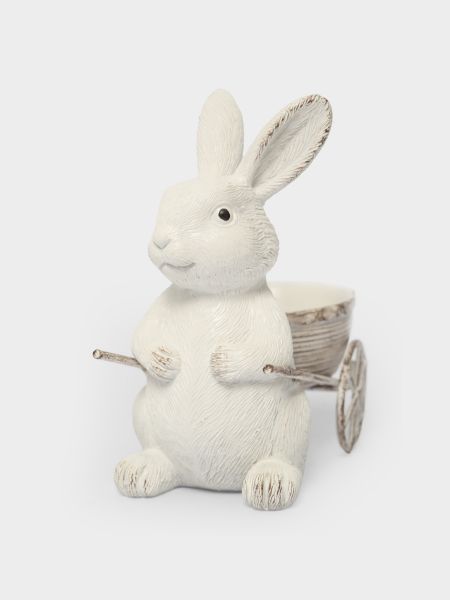 Подставка для яйца 12 см, полирезин, молочная, Кролик с тележкой, Easter
