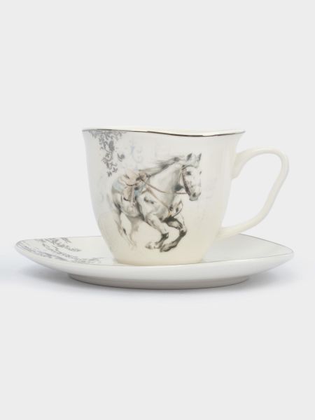 Пара чайная 250 мл на 1 персону, 2 предмета, фарфор, белая, с серебристым кантом, Конь, White horse Anna Lafarg
