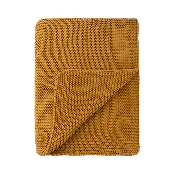 Плед из хлопка жемчужной вязки цвета охры из коллекции essential, 130х180 см