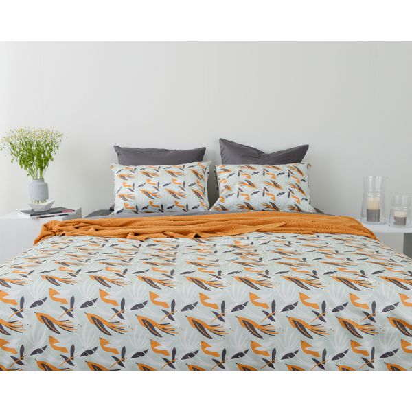 Комплект постельного белья полутораспальный из сатина темно-серого цвета в принтом birds of nile из