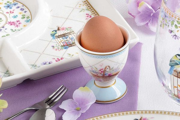 Подставка для яйца 6.5 см, 2 шт, фарфор, голубая/желтая, Кролики и корзина, Spring Bloom Easy Life