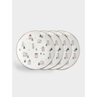 Тарелка закусочная 19 см, 4 шт, фарфор, бело-золотистая, Домики и ели, Townlet ANNA LAFARG