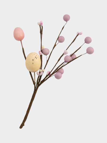 Ветка декоративная, 20 см, пенопласт/бумага, Ветка с розовыми яйцами, Interior Easter
