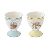 Подставка для яйца 6.5 см, 2 шт, фарфор, голубая/желтая, Кролики и корзина, Spring Bloom Easy Life