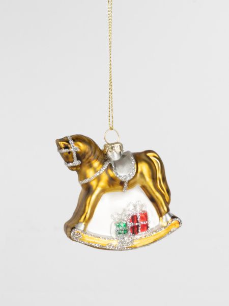 Игрушка елочная 7 см, стекло, золотистая, Лошадка-качалка, Bright horse
