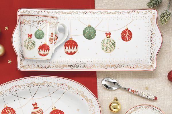 Блюдо прямоугольное Новогодние шары, Christmas Eve 35х15 см, фарфор, белое Easy Life