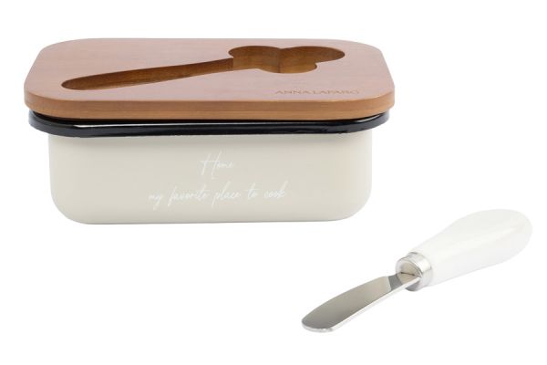 Масленка 16х11 см, с ножом, металл/дерево, прямоугольная, бежевая, Retro ANNA LAFARG