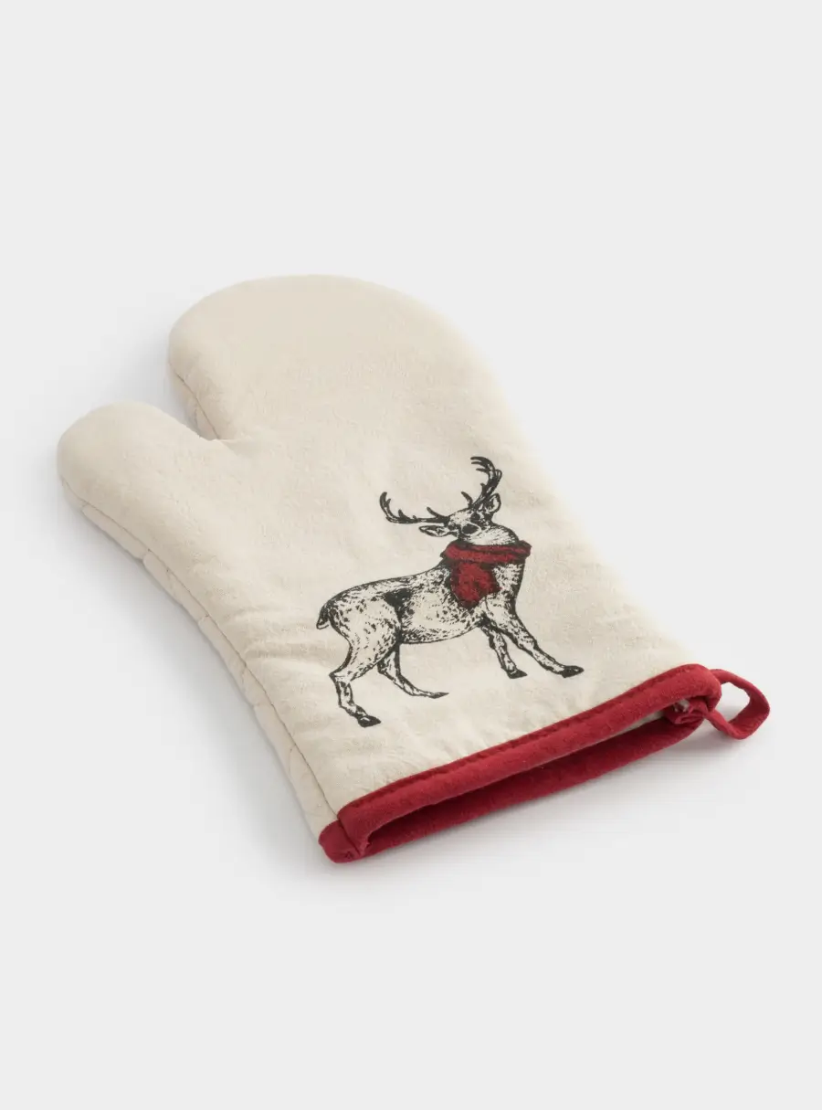 Прихватка-варежка 18x30 см, хлопок, серо-бежевая, Олень в шарфе, Deer